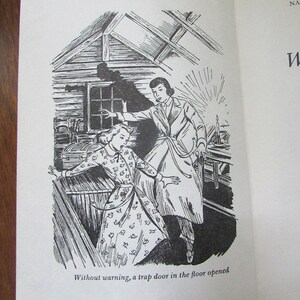 May include: A black and white illustration of two women in a room with a trap door opening in the floor. The woman in the foreground is wearing a dress with a floral pattern. The woman in the background is wearing a coat and is reaching towards the trap door.
