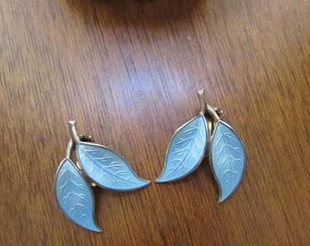 Blue Leaf Clip On Earrings – Blue Guilloche Enamel & Sterling Silver Earrings – Willy Winnaess Design – Vintage David Andersen Fine Jewelry