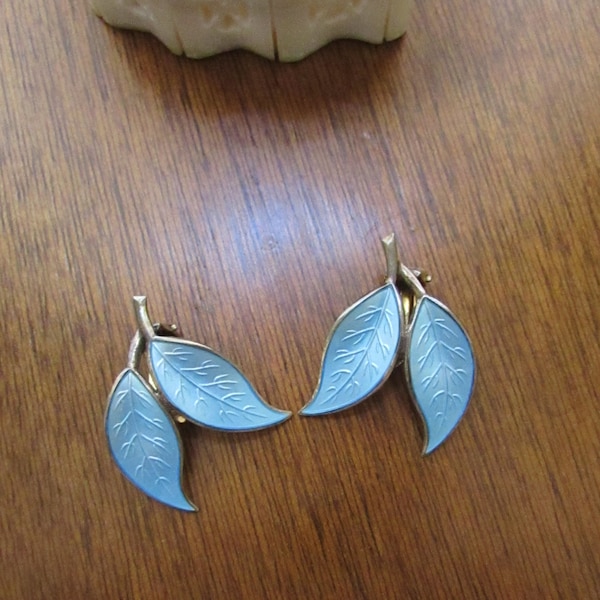 Blue Leaf Clip On Earrings – Blue Guilloche Enamel & Sterling Silver Earrings – Willy Winnaess Design – Vintage David Andersen Fine Jewelry