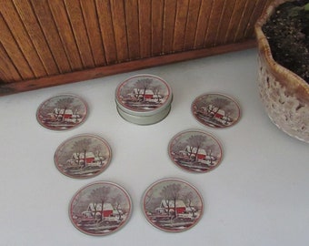 Old Grist Mill and Red Barn in Winter Coasters & Storage Tin –Round Beverage Coasters with Cork Back –Set of 6 Illustrated Vintage Coasters