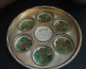 North Carolina Pines Souvenir Serving Tray with Drink Insets – Pine Sprigs with Pinecones Shown in Each Inset – Vintage Souvenir Barware