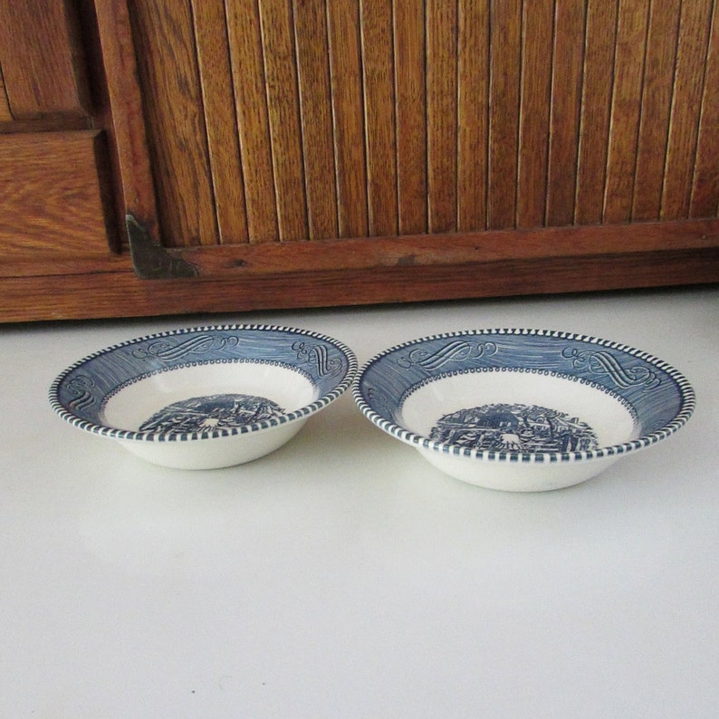 Set of 2 Dessert Berry Bowls Vintage Dinnerware Set by Royal China Co Blue /& White Dishes Currier and Ives Berry Bowls \u2013 Old Farm Gate
