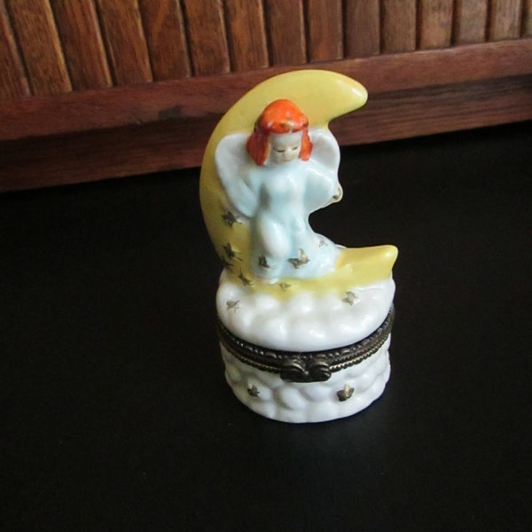 Angel on Moon Cloud Trinket Box -  Hinged Cloud Box – Stars on Clouds Small Jewelry Box - Vintage Angelic Porcelain Gift Box