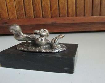 Ducks Paperweight – Silver Plated Duck Couple on Black Marble – Small Heavy Figurine – Vintage Office Décor