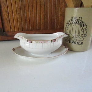 Antique Nippon Gravy Boat White Porcelain with Pink Roses 2 Spouted Gravy Boat with Attached Underplate Nippon Maple Leaf Backstamp image 1