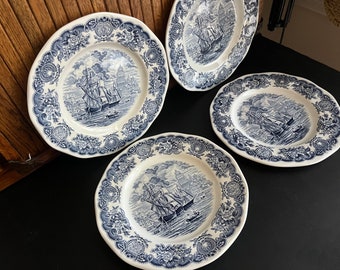 Historical Ports of England, Port of Bristol, Dinner Plates –Set of 4 - Blue &White Nautical China –Vintage Dinnerware -Made in England