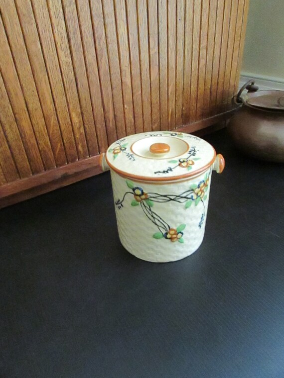 Ivory Porcelain Basketweave Floral Biscuit Jar -small Canister