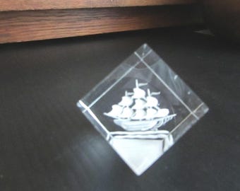9 Mast Ship Acrylic Paperweight – Small Laser Etched Acrylic Sailing Ship Figurine – Vintage Home Decor