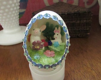 Flower Picking Bunnies, Spring is Here Diorama Egg – Rabbits & Flowers Easter Ornament – Welcome Spring Décor Egg Art or Easter Decoration