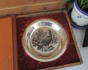 American Wild Turkey Plate – 1973 Thanksgiving Plate by Artist Steven Donahos – Sterling Silver Plate – Limited Edition by The Franklin Mint