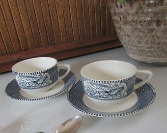 Currier and Ives Cups & Saucers - Set of 2 - Blue and White China by Royal China Co