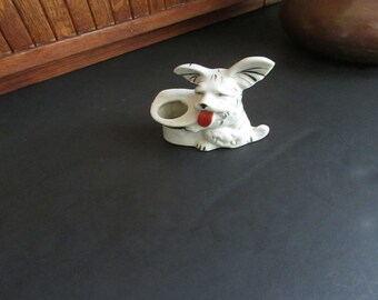 Scottie Dog & Top Hat Figurine – White Dog with Black Stripes Holding Hat Toothpick Holder/ Small Bud Vase – Vintage Terrier Dog Collectible