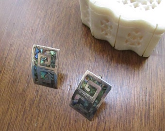 Abalone & Sterling Silver Geometric Rectangle Earrings - Large Non Pierced Screwback Earrings - Made in Mexico - Vintage Mexican Jewelry