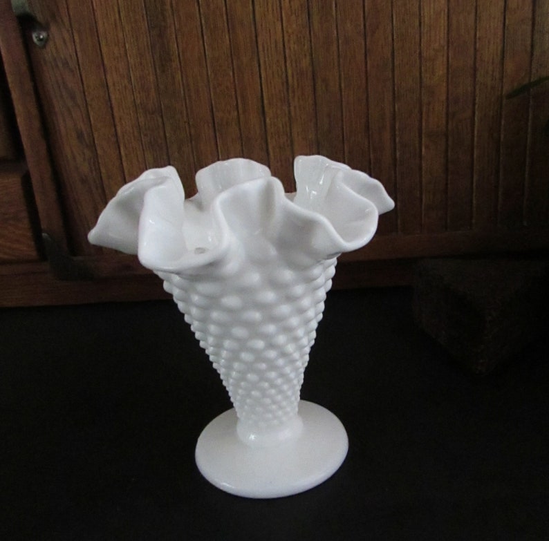 White Milk Glass Cone Vase Hobnail Vase With Fluted Ruffle Etsy