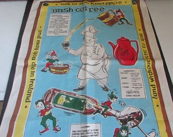 Irish Coffee, Toast & Leprechauns Tea Towel –Chef and Leprechauns with Irish Coffee Recipe -100% Irish Linen –Vintage Decorative Dish Towel