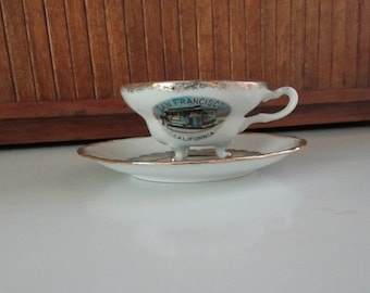 San Francisco Cable Car Tea Cup & Saucer – Porcelain Souvenir San Francisco Cup with Golden Gate Bridge Saucer – Vintage Souvenir