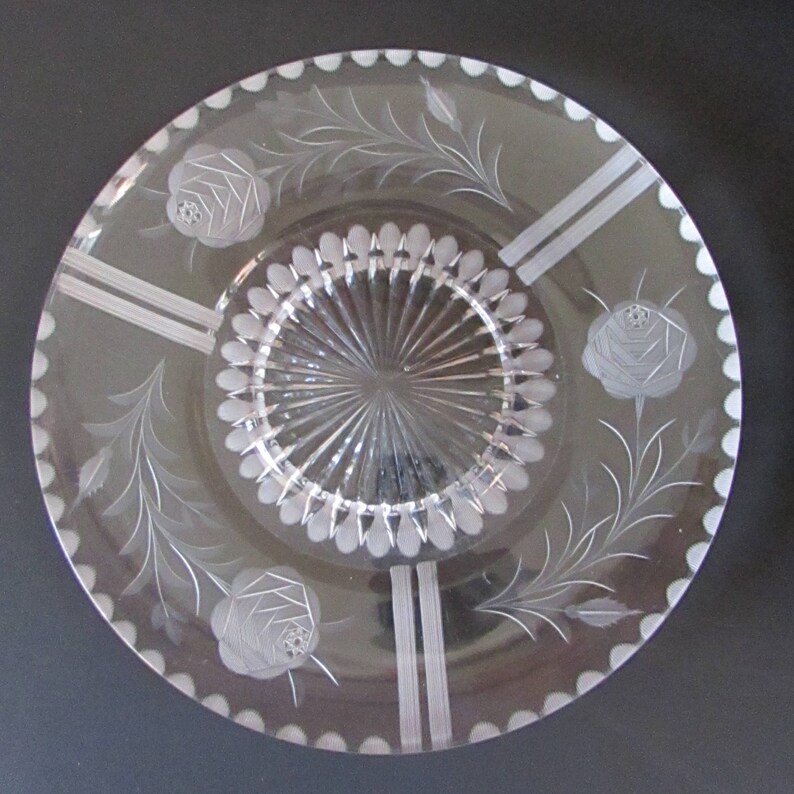 Etched Roses Glass Serving Plate Vintage Glass Hostess Etsy