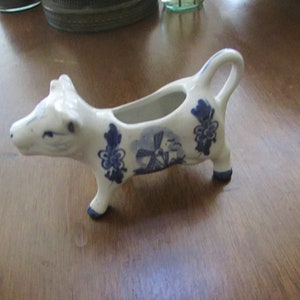 Delft Cow Creamer – Dutch Windmill Scene - Delft Blue & White China - Vintage Figural Ceramic Cow Creamer
