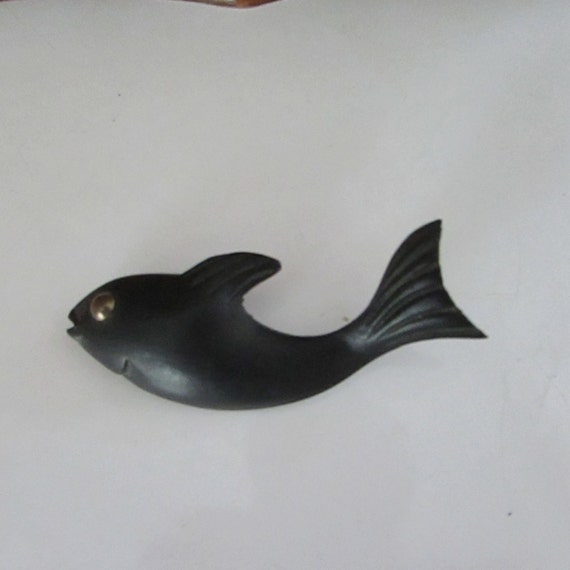 Carved Wood Black Fish Pin – Made in Sweden – Vin… - image 3