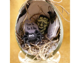 Creepy Cemetery Egg Ornament - Handmade Eerie Graveyard Scene Diorama Egg Halloween Decoration - Monster, Coffin & Bats Miniature Scene