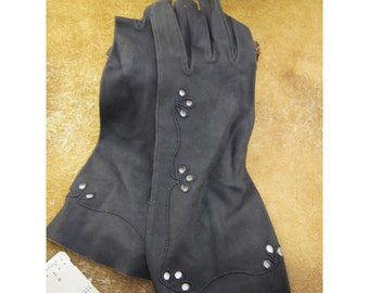 Black Openwork Embroidered Kidskin Gloves - Size 6 1/2 Vintage Leather Gloves