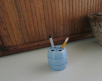 Barrel Pen/ Pencil Holder – Blue Ceramic Barrel with 4 Holes – Thin Toothbrush Holder – Vintage Home/ Office Décor