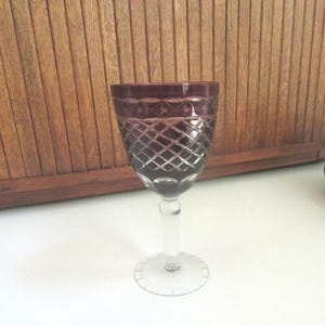 Dark Cranberry Wine Glass on Clear Stem - X, Star & Thumbprint Cut Glass Design – 8 Ounce Stemmed Wine Glass - Vintage Cranberry Stemware