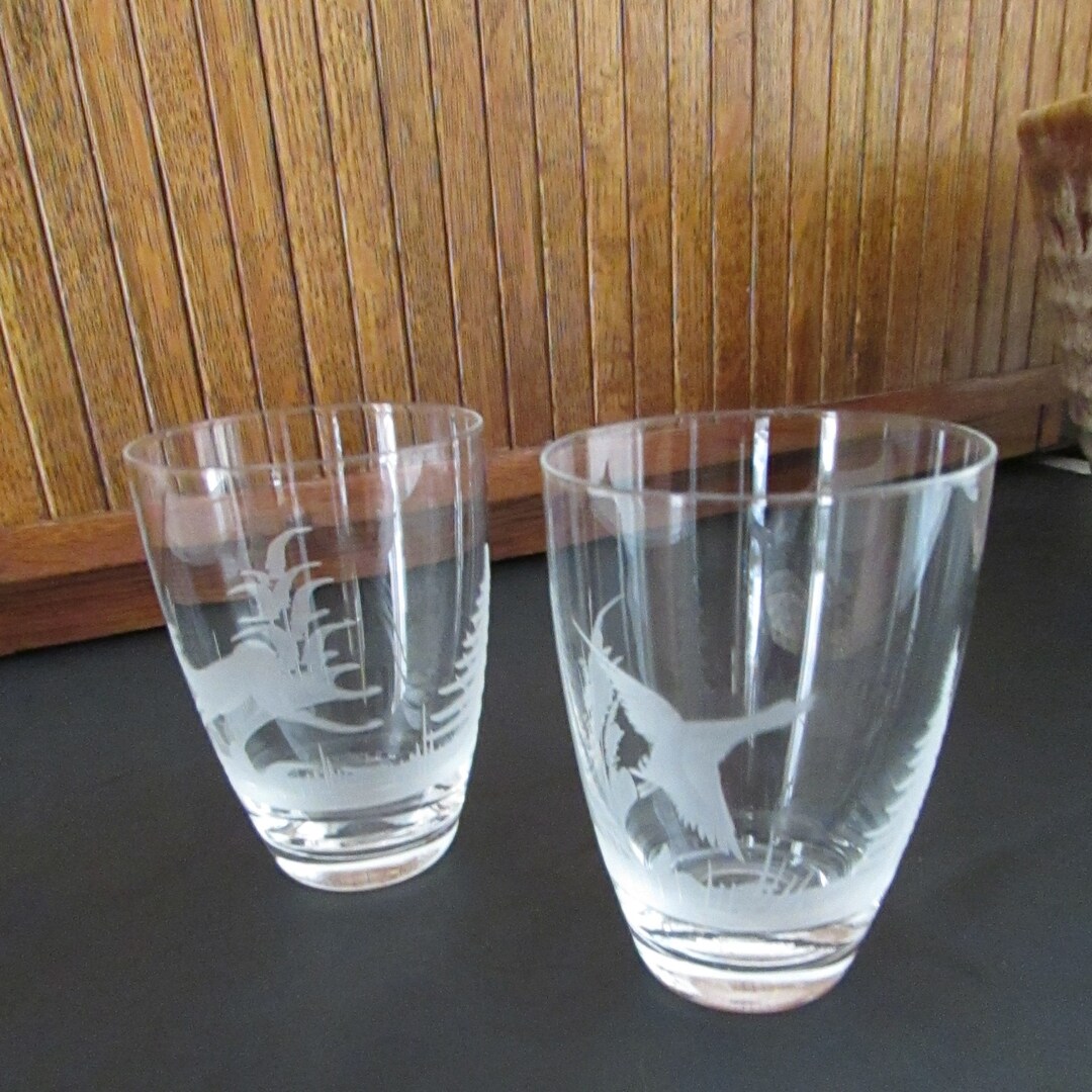 Etched Wildlife Glasses Set of 2 Small Unmatched Glasses Duck in Flight & Leaping Deer Pine
