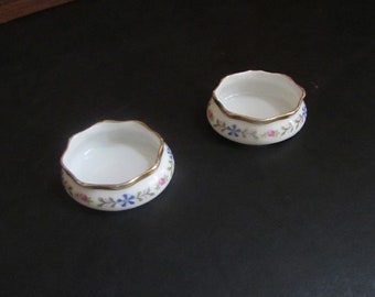 Floral Salt Dip– Set of 2 German Porcelain Salt Dishes– Blue & Pink Flowers Small Dish with Gold Scalloped Rim - Hostess Serving Pieces