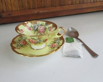 E. B. Foley Tea Cup and Saucer – Yellow Cup with Pink Roses and Blue Flowers – Vintage Foley Bone China Tea Cup – E. Brain & Co. Ltd.