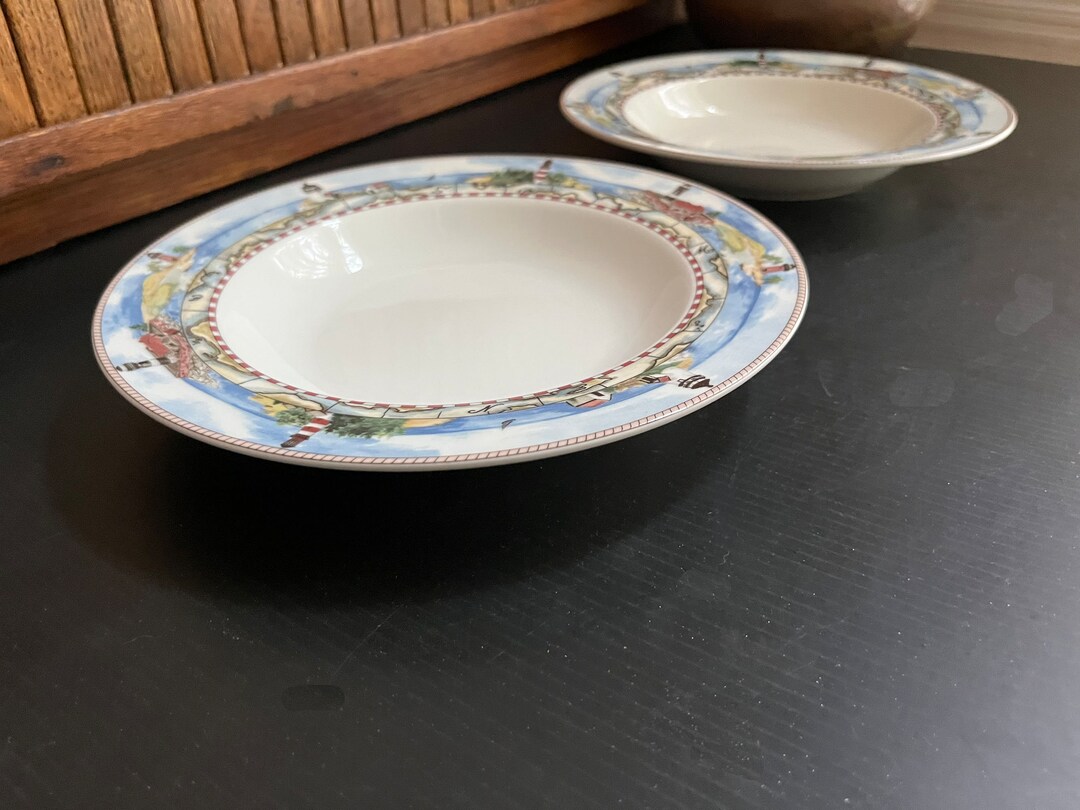 Lighthouse Soup Bowls Lighthouse Scene Border Set of 2 Soup Bowls Signals Dinnerware Vintage