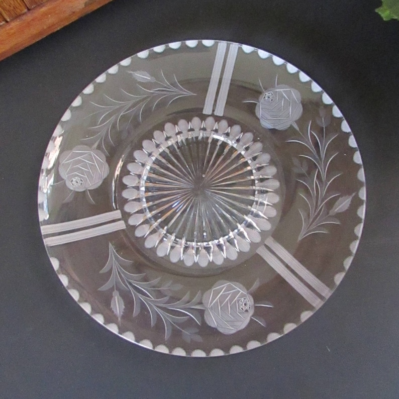 Etched Roses Glass Serving Plate Vintage Glass Hostess Etsy
