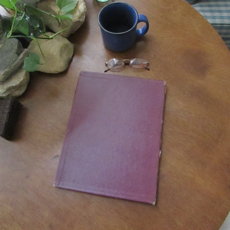 May include: A burgundy hardcover book on a wooden table with a blue mug, glasses, and a potted plant.