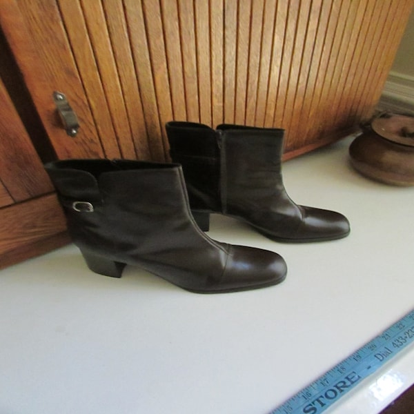 Brown Booties with Silver Buckle – Size 10M Chocolate Brown Leather Boots – Tall Heel Mid-Calf Boots  – Vintage C- Timesup Brown Boots