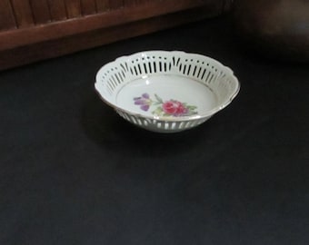 Rose & Tulip Schwarzenhammer Openwork Floral Dish -Small Round Reticulated Bowl - Scalloped Edge and Gold Trim -Vintage German Porcelain