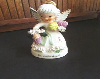 November Angel Figurine – Harvest Angel Holding Grapes & Vegetables – Spaghetti Flowers Embellished –Vintage Napco Angel of the Month