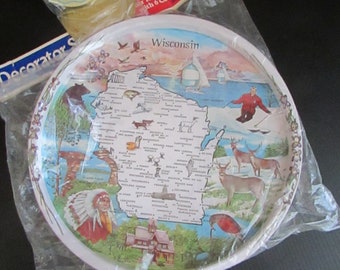 Wisconsin Souvenir Metal Serving Tray with Matching Coasters – NOS in Original Package, Never Used – Wisconsin Map– Vintage Souvenir Barware