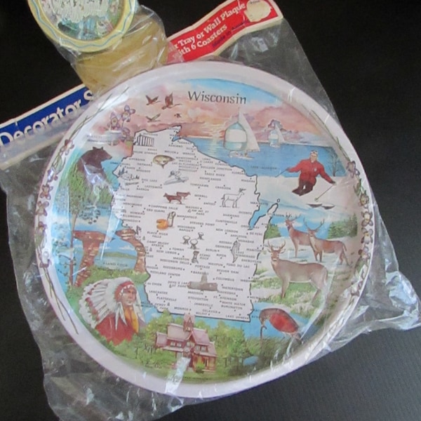 Wisconsin Souvenir Metal Serving Tray with Matching Coasters – NOS in Original Package, Never Used – Wisconsin Map– Vintage Souvenir Barware