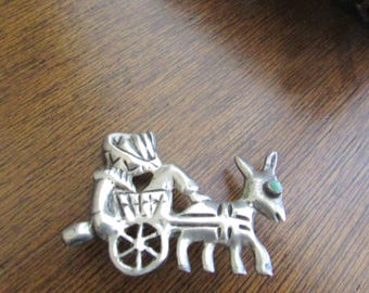 Donkey Pulling Cart with Sleeping Man Silver Pin - 850 Mexican Silver Brooch - Vintage Mexican Silver Jewelry