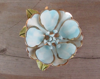 Enameled Blue Flower Brooch by Corocraft - Gold Tone with Blue & White Enamel Flower Pin - Vintage Corocraft Jewelry