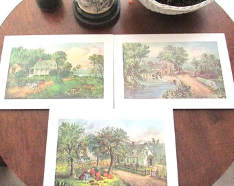 Vintage Currier & Ives Prints – 3 Large 10 x 15 Laminate Masonite Pictures - American Homestead Autumn and Summer, The Roadside Mill