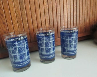 1970’s Privateer Ship Rattlesnake Glasses – Set of 3 Rattle Snake of the American Revolution Blueprint Glasses – Vintage Libbey Tumblers