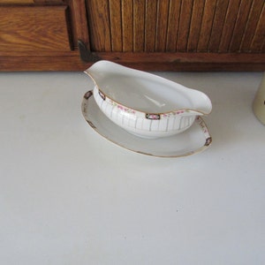 Antique Nippon Gravy Boat White Porcelain with Pink Roses 2 Spouted Gravy Boat with Attached Underplate Nippon Maple Leaf Backstamp image 2