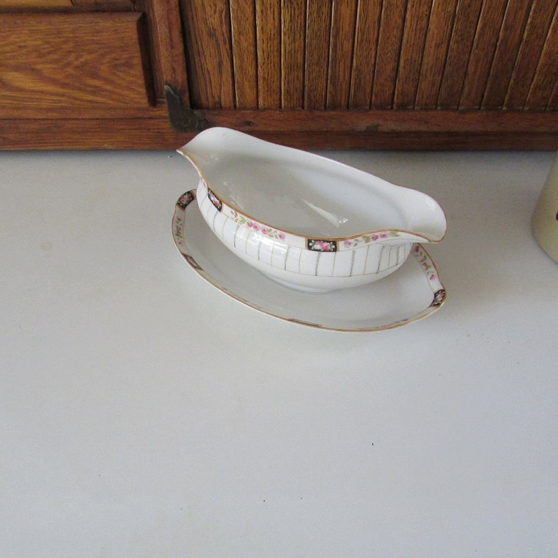 Antique Nippon Gravy Boat White Porcelain with Pink Roses 2 Spouted Gravy Boat with Attached Underplate Nippon Maple Leaf Backstamp image 2