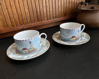 Lighthouse Cups & Saucers  Lighthouse Scene China  Set of 2  Signals  Dinnerware - Vintage Nautical American Atelier 5100 China - Etsy Israel