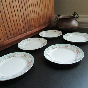 Pink Roses Bread & Butter Plates – Set of 5 Small Plates with Roses, Blue Border, and Gold Trim - Vintage Noritake Dinnerware
