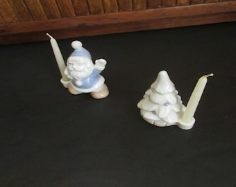 Santa Claus & Christmas Tree Miniature Candle Holders – Set of 2 Blue and White Ceramic Candlesticks by Biedermann – Vintage Holiday Décor