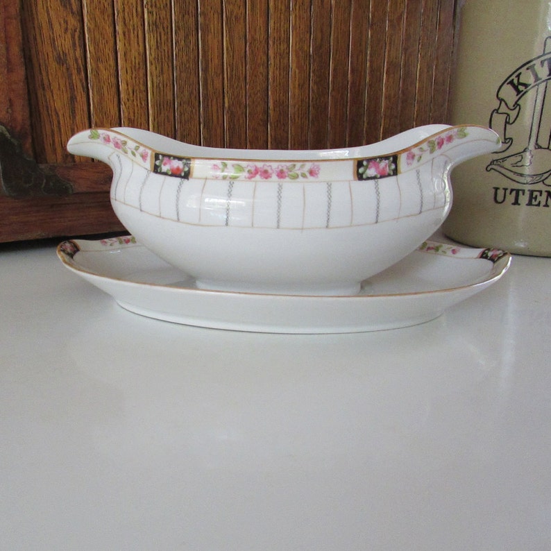 Antique Nippon Gravy Boat White Porcelain with Pink Roses 2 Spouted Gravy Boat with Attached Underplate Nippon Maple Leaf Backstamp image 3