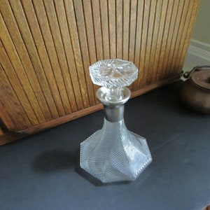 Crystal & Silverplate Liquor Decanter – Paneled with Diagonal Ribs - Heavy Clear Glass Decanter – Vintage 1980s Barware Liquor Bottle