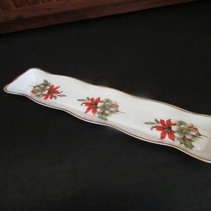 Poinsettia & Holly Dish – Long Narrow Shallow Dish – Christmas Holiday Pencil or Candy Dish – Vintage Bone China Made in England